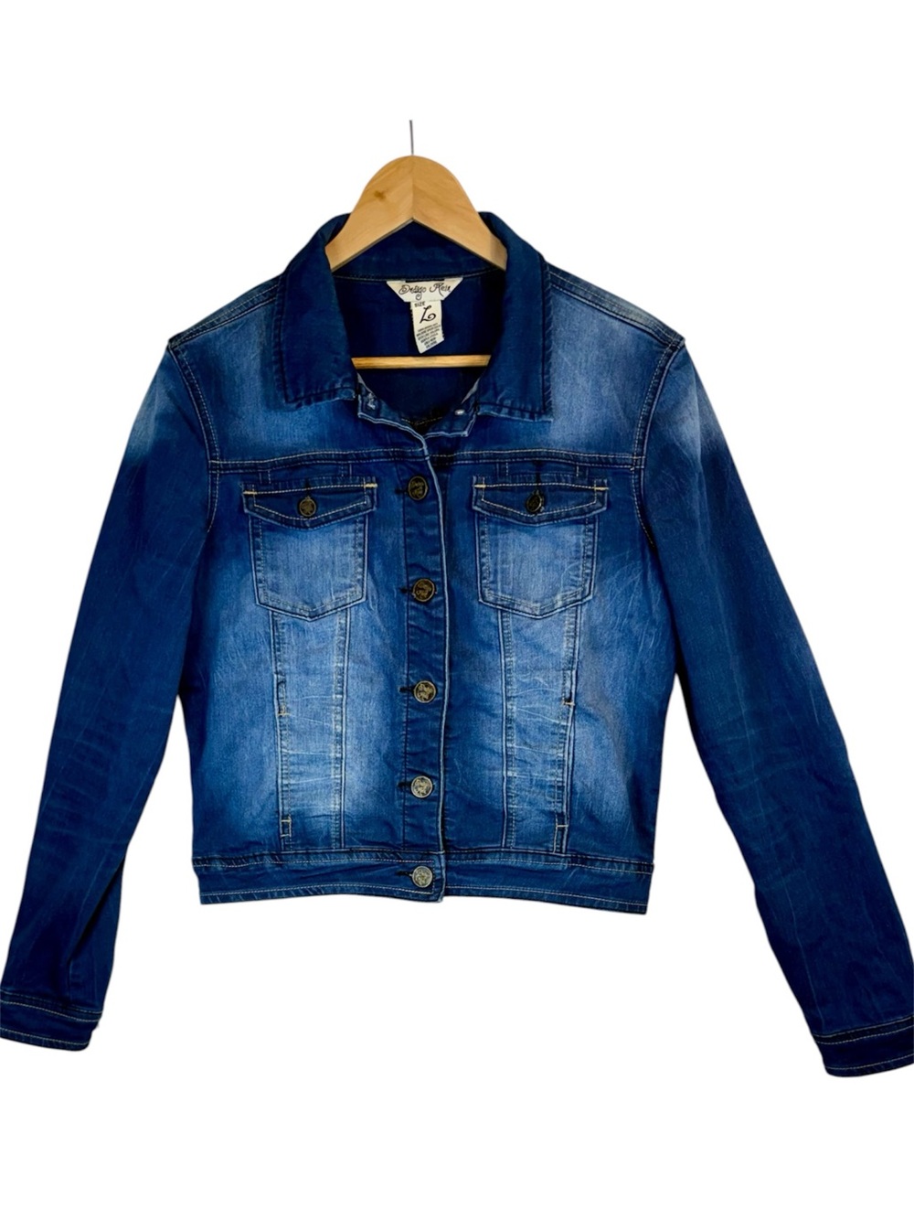 Indigo Rein Denim Jacket Large Womans Cropped Mid Wash Blue Jean
